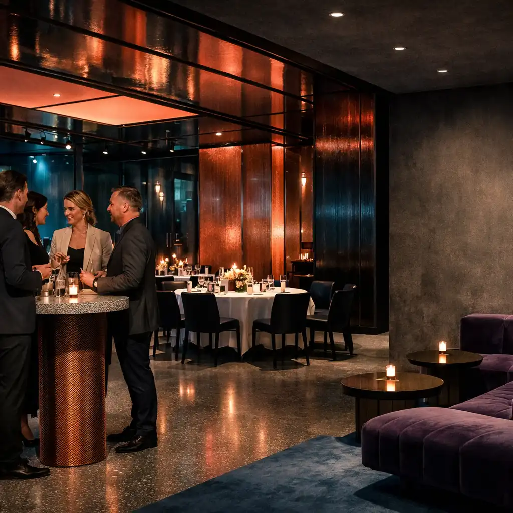 Zeitgenössische Eventlocation mit Dining-Tischen, Cocktailbereich und warmer Lichtregie
