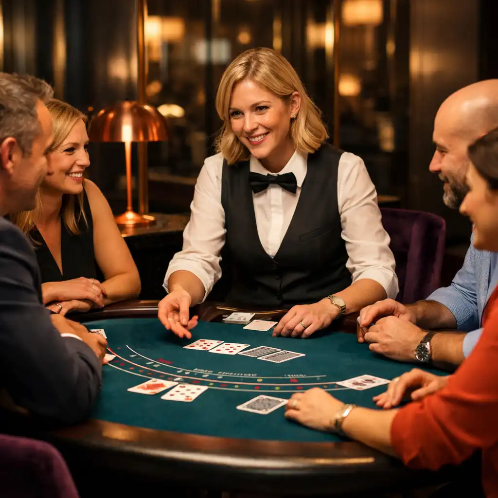 Gäste im direkten Austausch an einem Blackjack-Tisch in einer Lounge