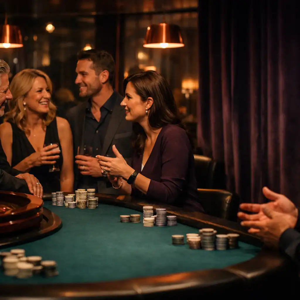 Gäste im Gespräch an einem betreuten Roulette- und Pokertisch einer Casino Lounge