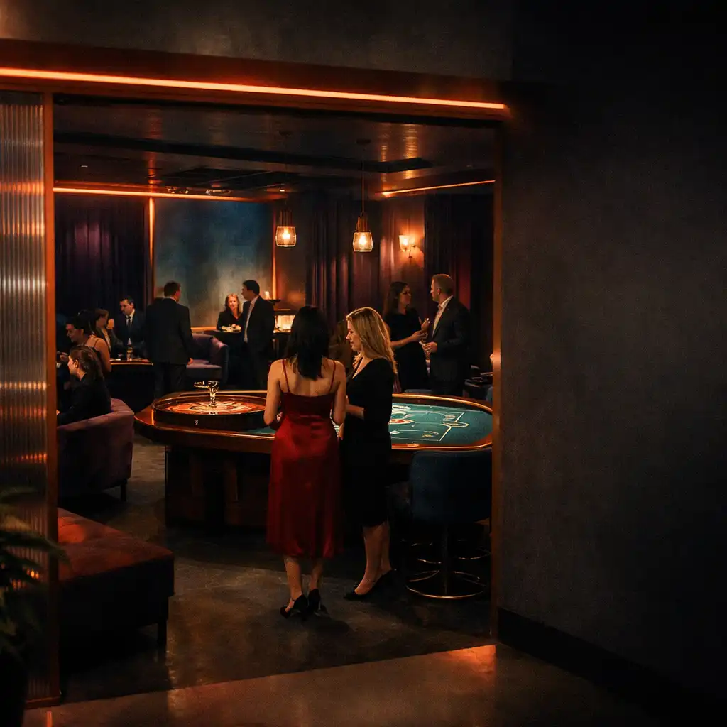 Elegante Casino Lounge bei einem realen Abend-Event mit Gästen im Gespräch