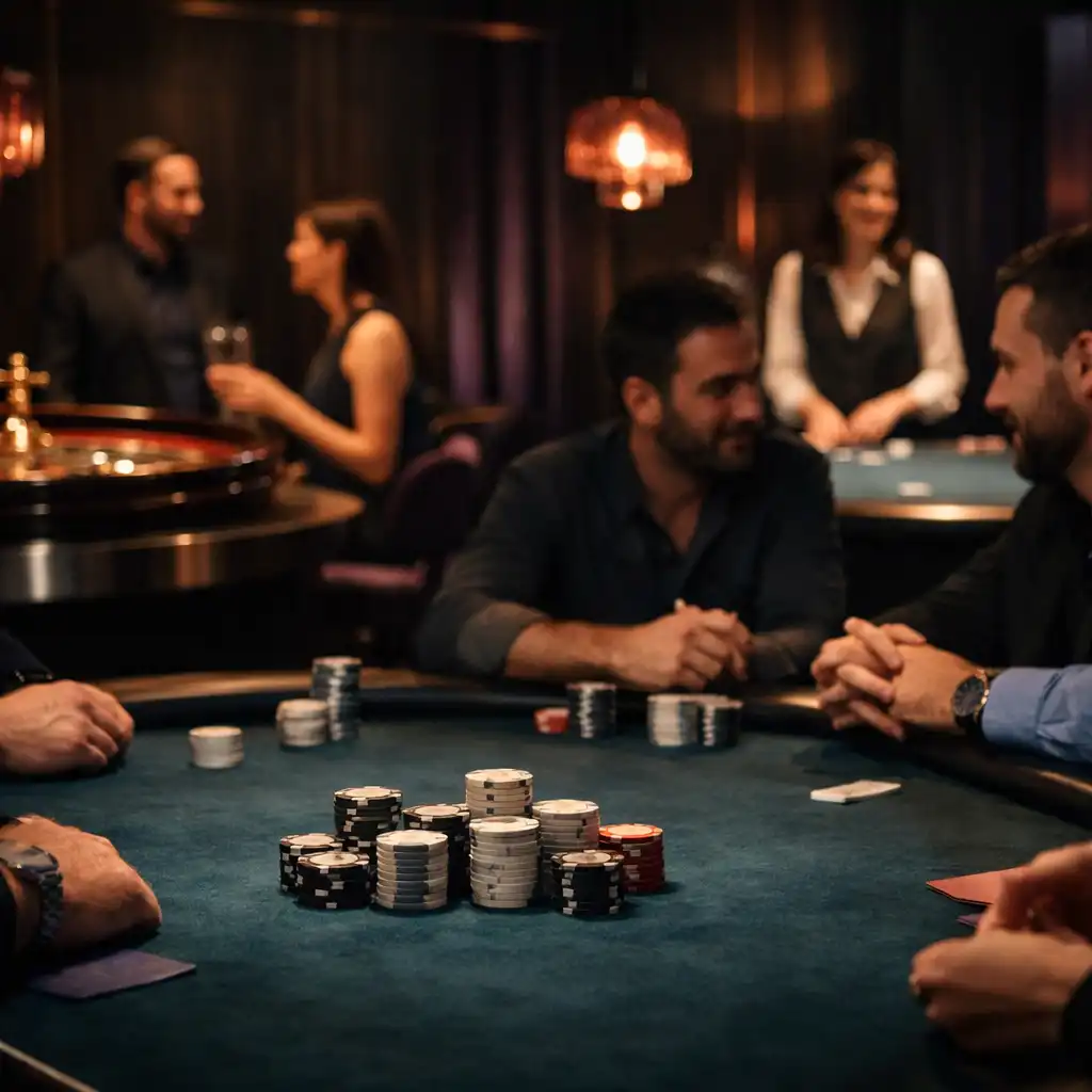 Gäste und Hände an einem dunkel gestalteten Pokertisch, mit Roulette und Blackjack als Hintergrundelemente