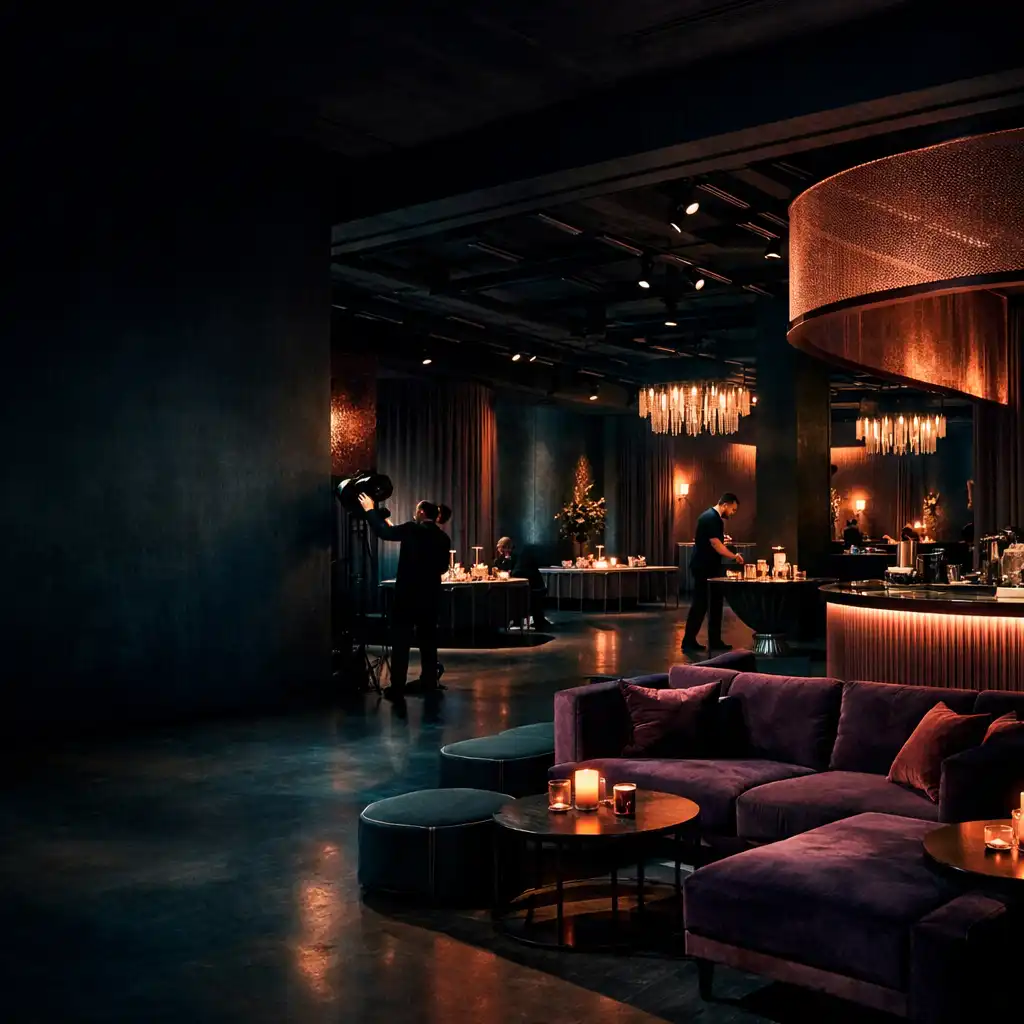 Für einen Abend gestaltete Eventlocation mit Lounge-Zonen, Licht und natürlichen dunklen Materialien