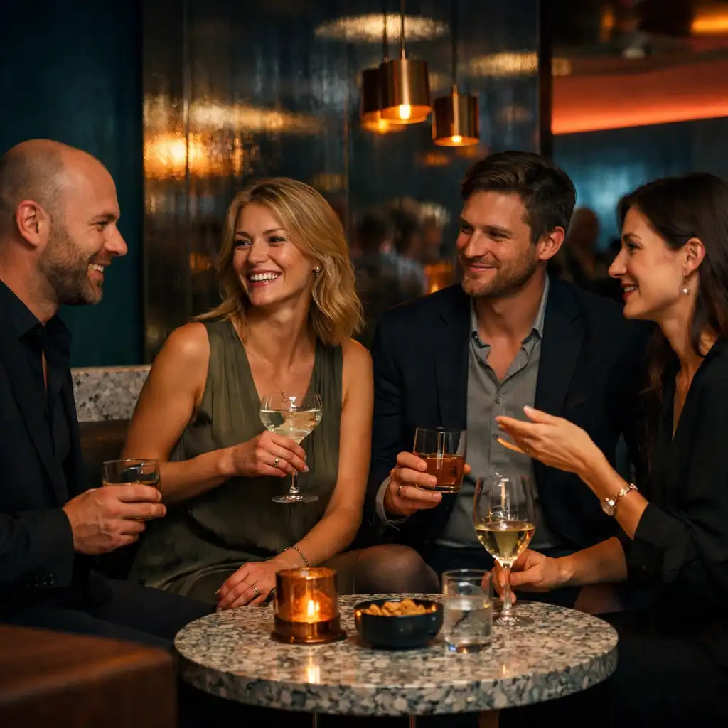 Gäste im Gespräch in einer eleganten Lounge- und Cocktailzone eines Offline-Events