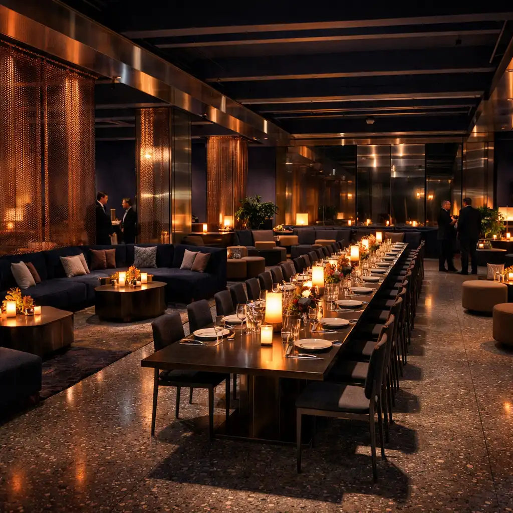 Transformierte urbane Eventlocation mit Dinnerbereich, Lounge und warmen Lichtzonen