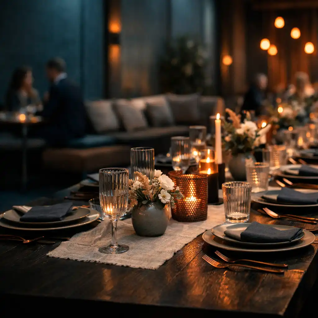 Lange gedeckte Tafel und Lounge in einer elegant transformierten Location