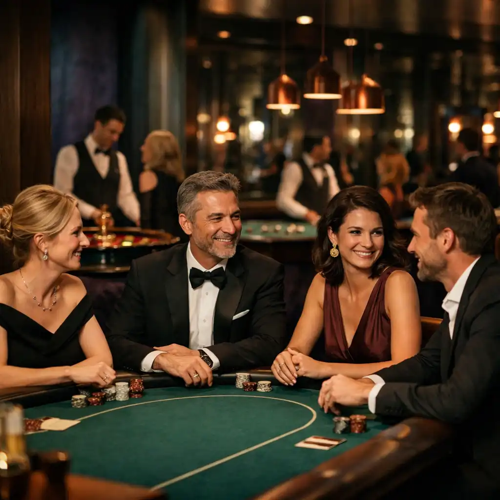 Gäste in einer eleganten Casino-Lounge sprechen an einem physischen Pokertisch