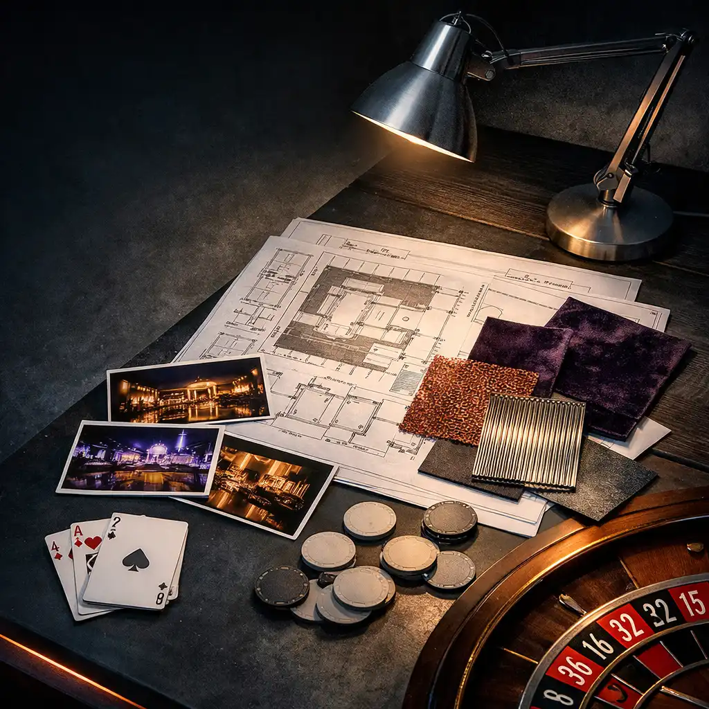 Produktionsschreibtisch mit Eventplänen, Materialproben und eleganten Casino-Night-Elementen