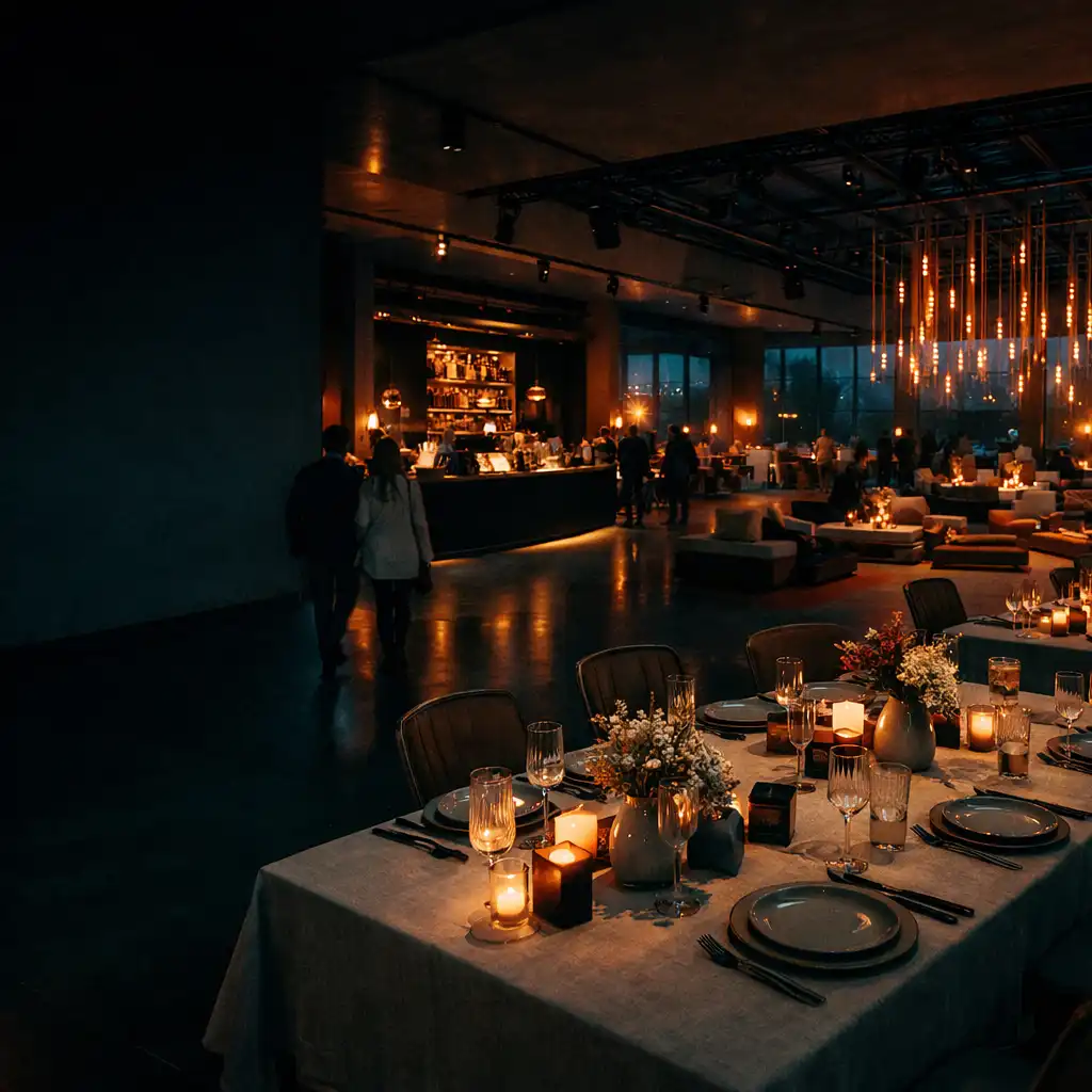 Vorbereitete Berliner Eventlocation mit Dining-Tischen, Lounge und aktivierter Lichtregie bei Nacht