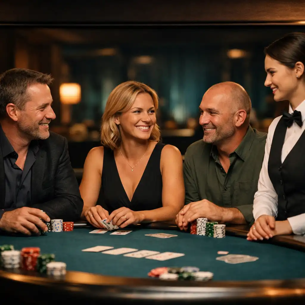 Gäste sprechen und lachen an einem physischen Pokertisch
