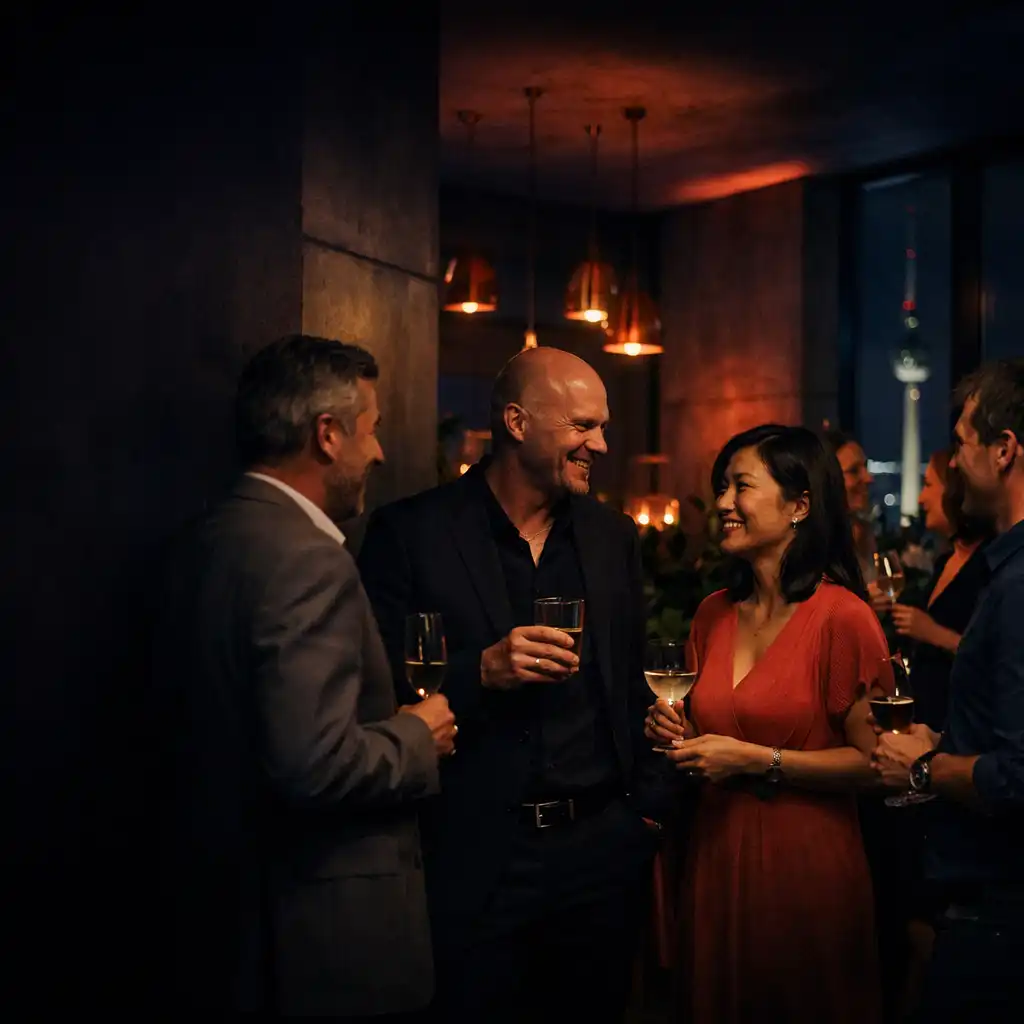 Gäste im Gespräch bei einem eleganten privaten Cocktail-Empfang