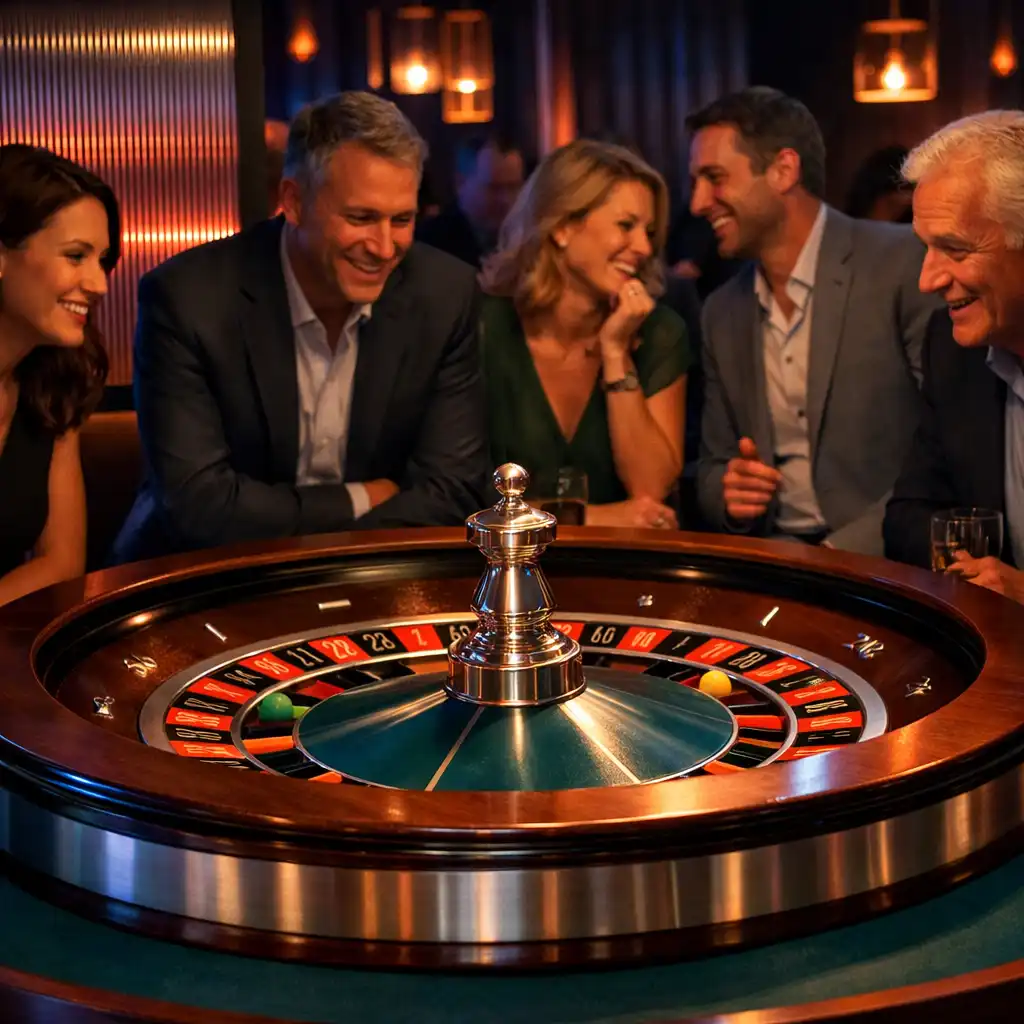 Gäste stehen gemeinsam an einem Roulette-Kessel in einer Eventlounge