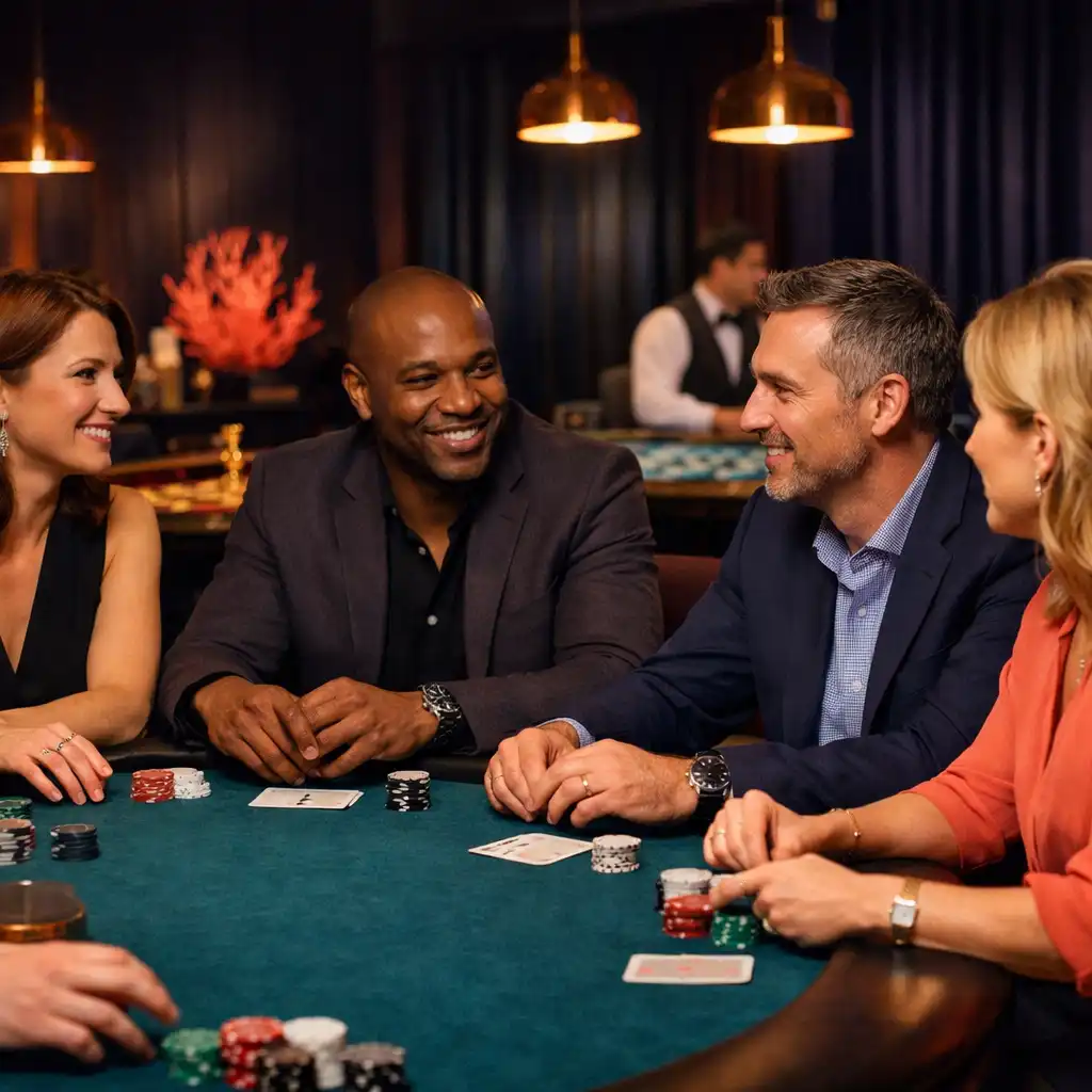 Gäste im Gespräch an einem Tisch in einer eleganten Casino Lounge bei einem Berliner Event