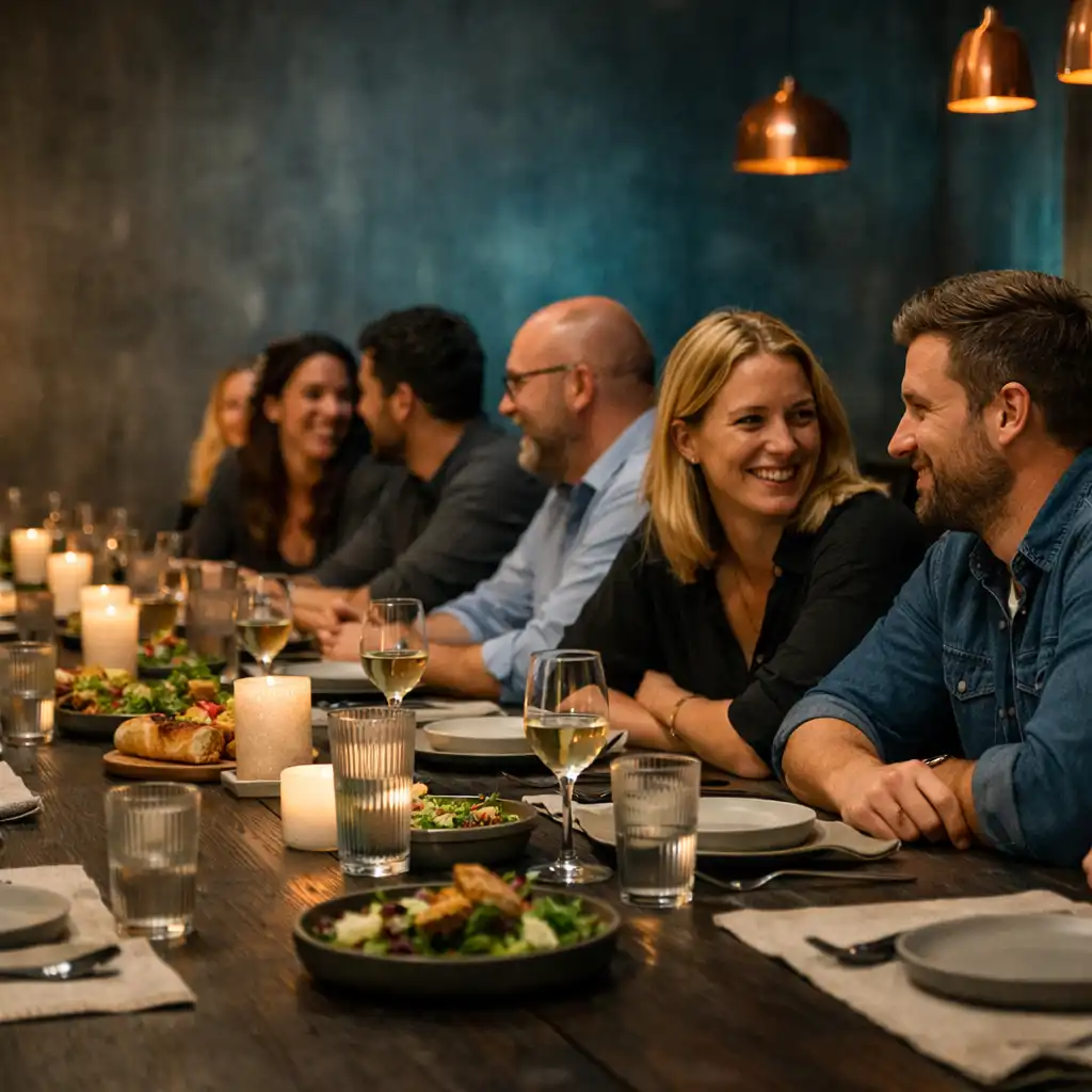 Team im Gespräch an einer elegant gedeckten Tafel
