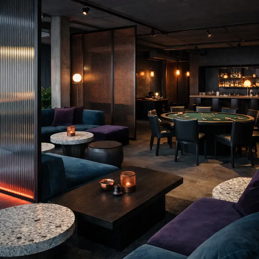 Transformierte Event-Lounge mit petrolfarbenen Sitzflächen und warmen Lichtakzenten
