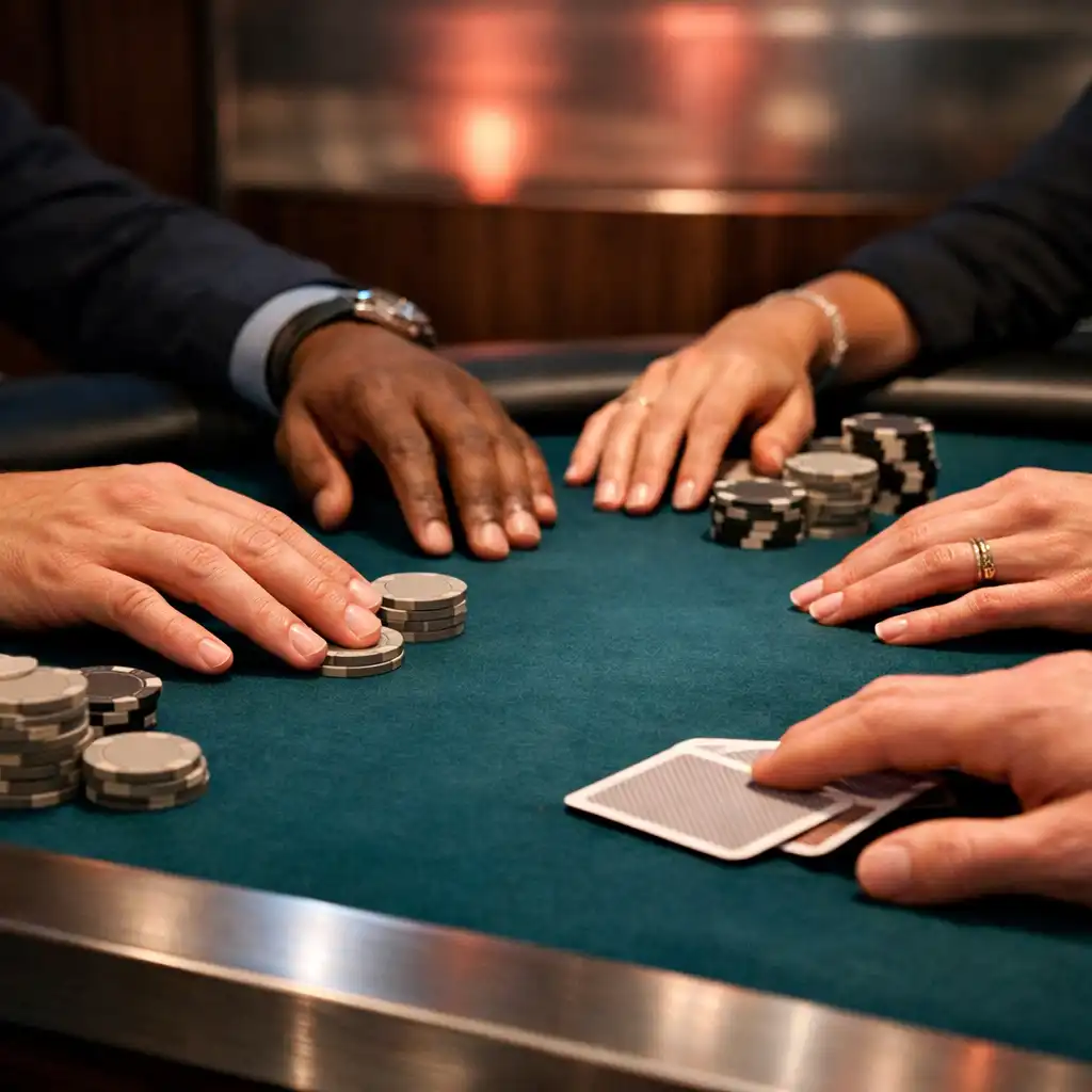 Hände von Teammitgliedern an einem physischen Pokertisch