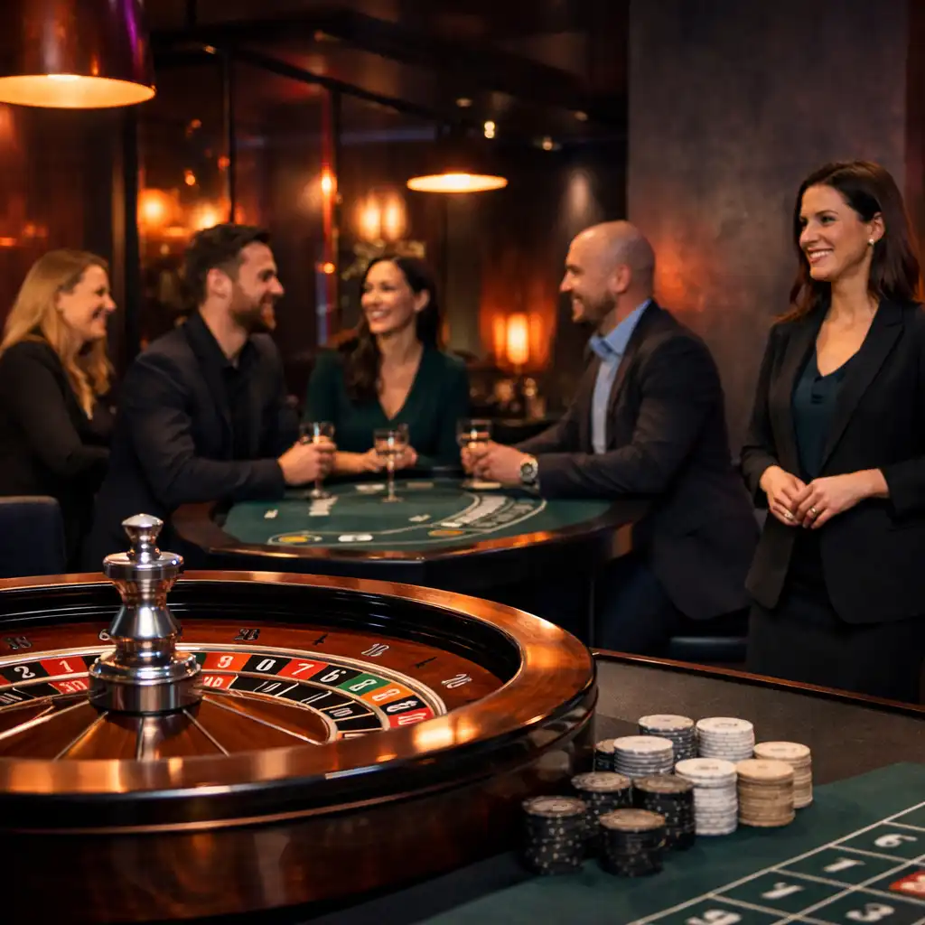 Roulette- und Blackjack-Stationen in einer modernen Team-Lounge